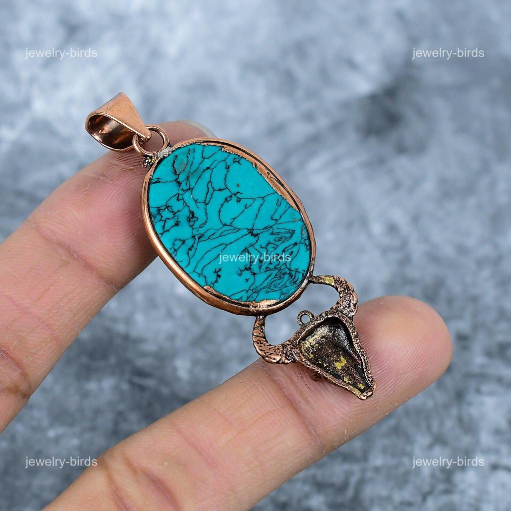 Oval Turquoise Gemstone Electroformed Birthday Gift Engagement Pendant Copper VP-42