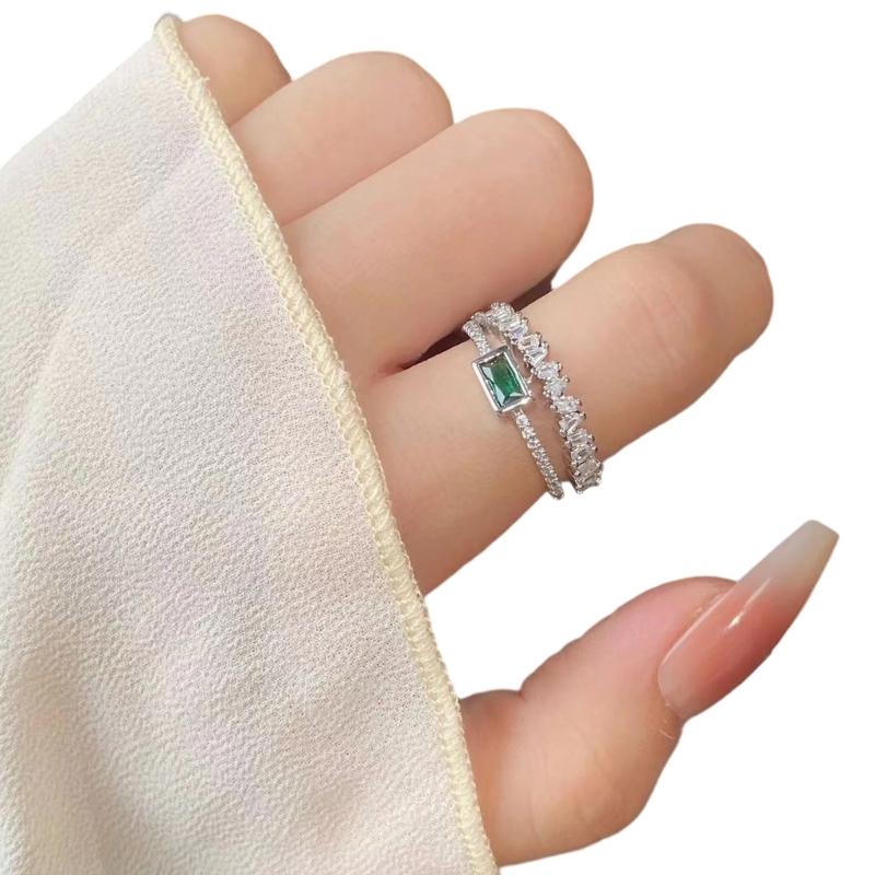 Emerald Green Crystal  Open Double Layer Adjustable Ring Lightweight Copper Jewelry Accessories Gift For Women