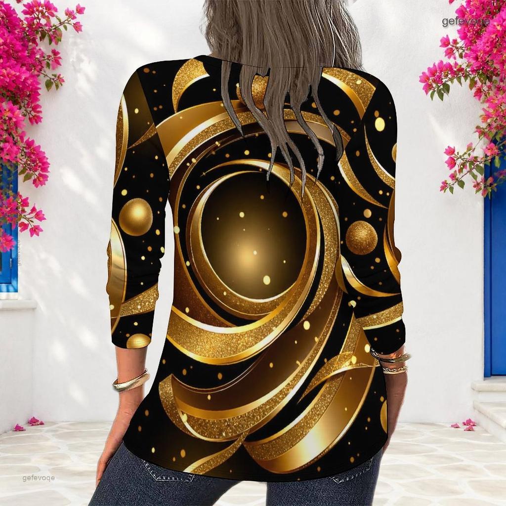 Plus Size Women Long Sleeve Shirt Abstract Glitter Gold Green Swirl Print Crew Neck Casual Loose Pullover Blouse