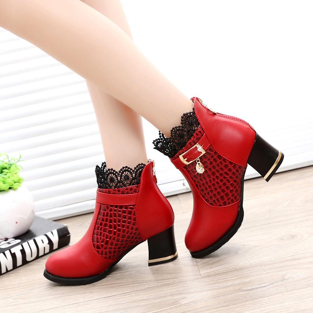 Women's Ladies Boots Fall Winter Vintage Leather Lace Short Shoes Women Fashion Lace Trim Mid Heeled Boot
