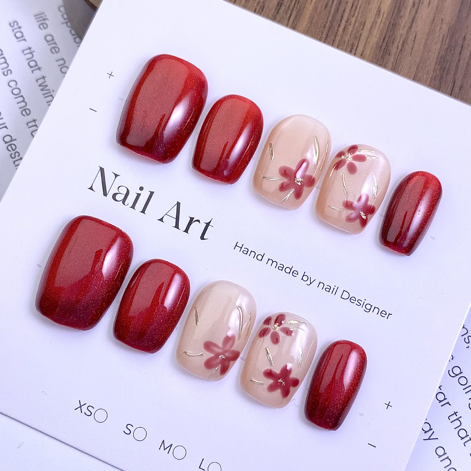 Translucent Wine Red Cat Eye Nails with Gold Foil & Magic Mirror Powder - Short, Square & Round Wearable Detachable Tips. Small