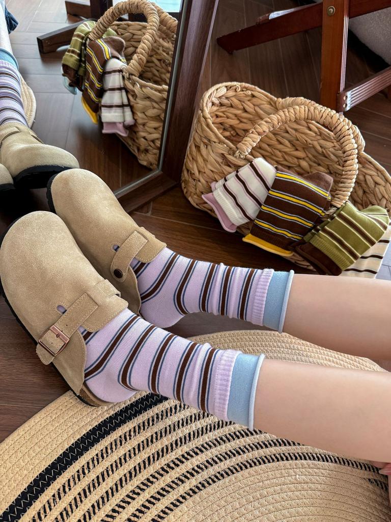 Splicing Striped Socks Children'S Medium Tube Socks Spring And Autumn Tide Contrasting Color Niche Stacking Stockings