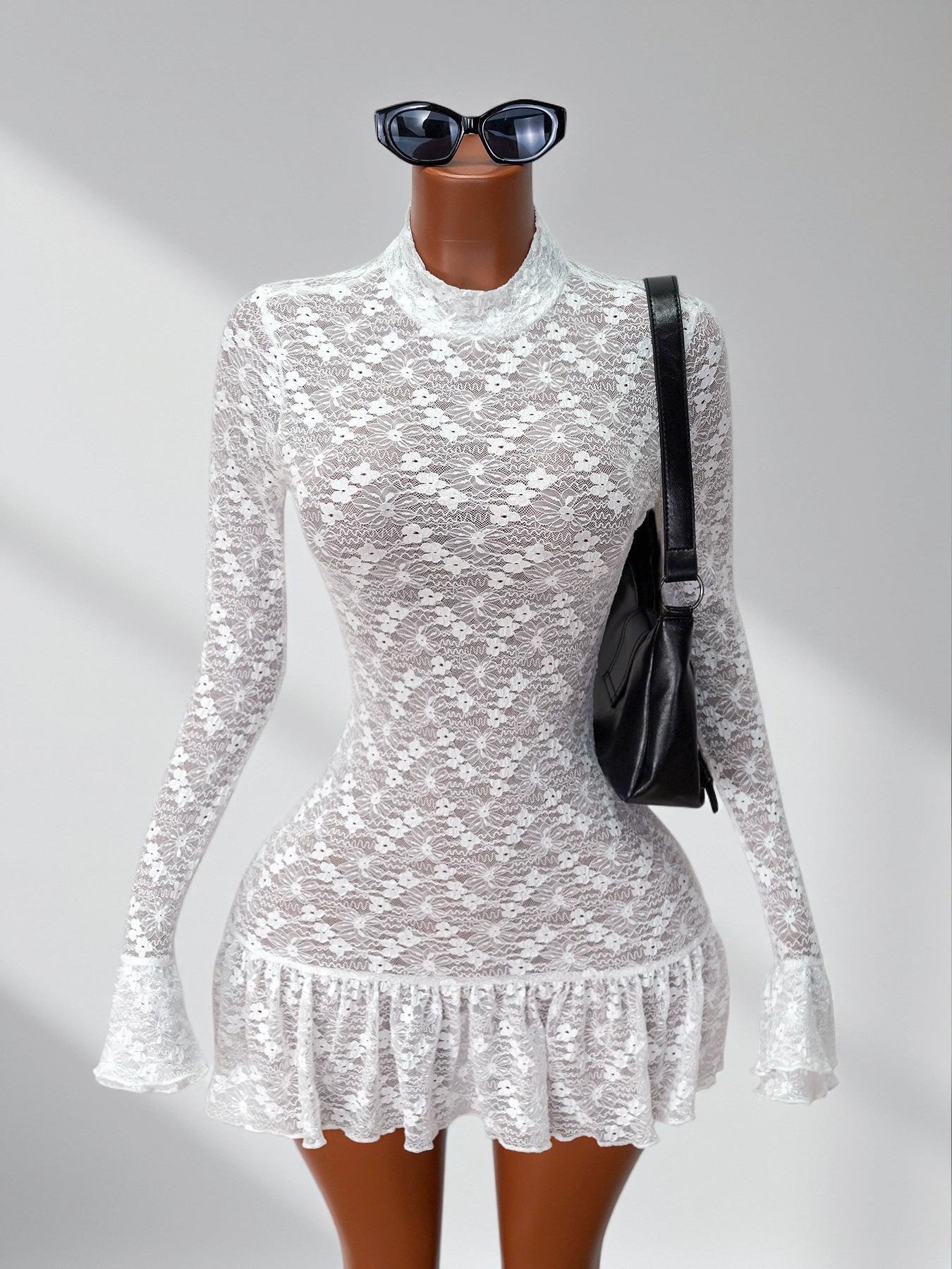 

Women s Bohemian Style See-through Lace Dress X-Large белый