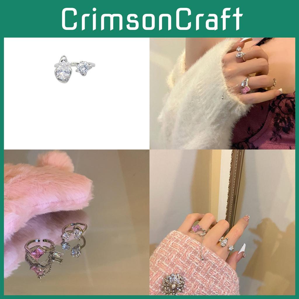 Elegant Korean Style Adjustable Geometric Pink Zirconia Ring For Women Fashion Accessory