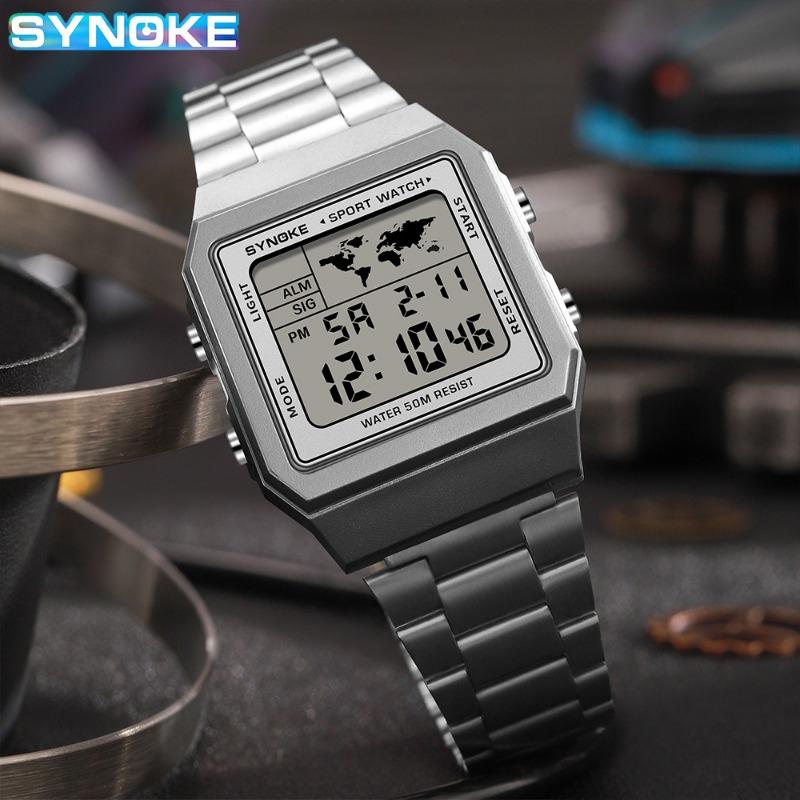 Top Brand Steel Belt Trendy Electronic Watch Men's Multifunctional Waterproof Alarm Week Calendar Sports Watch