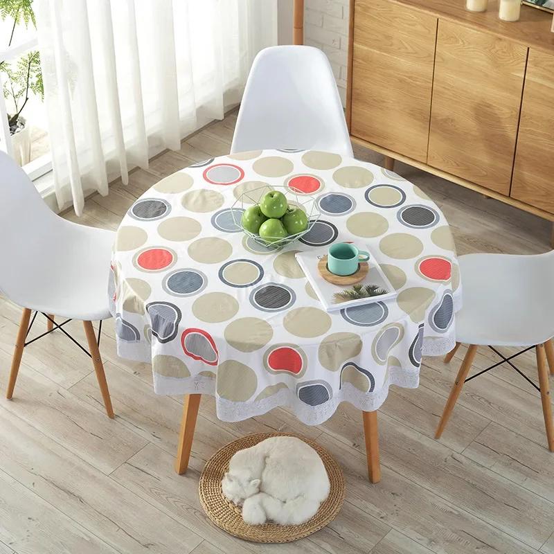 Pvc Hotel Waterproof Tablecloth Printed Oil Resistant Large Circular Table Cloth Hotel Plastic Round Table Cover With Lace Hem