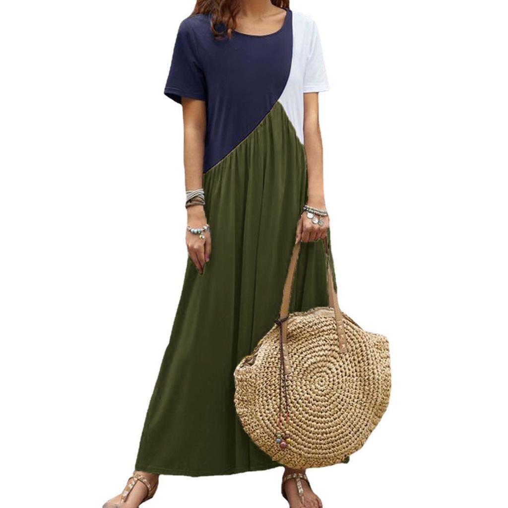 European and American Spring and Summer New Splicing Short-sleeved Dress Beach Skirt Women's Long Dress