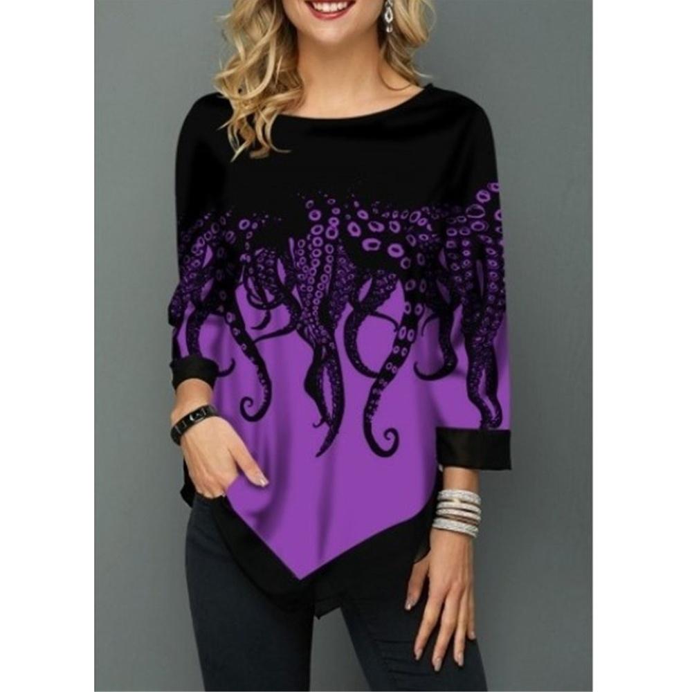 Ny Dame Uregelmessig Kant Trykket Casual Rund Hals 3/4 Ermer Pluss Størrelse T-skjorte Høst Løs Pullover Bluse
