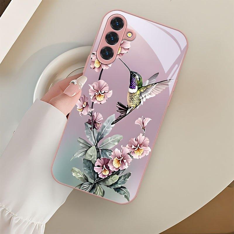 Kolibri Blüte Metallisches Glas Handyhülle Geeignet für Samsung Galaxy S26 S25 S24 S23 S22 S21 S20 FE/Ultra/Plus Anti-Sturz