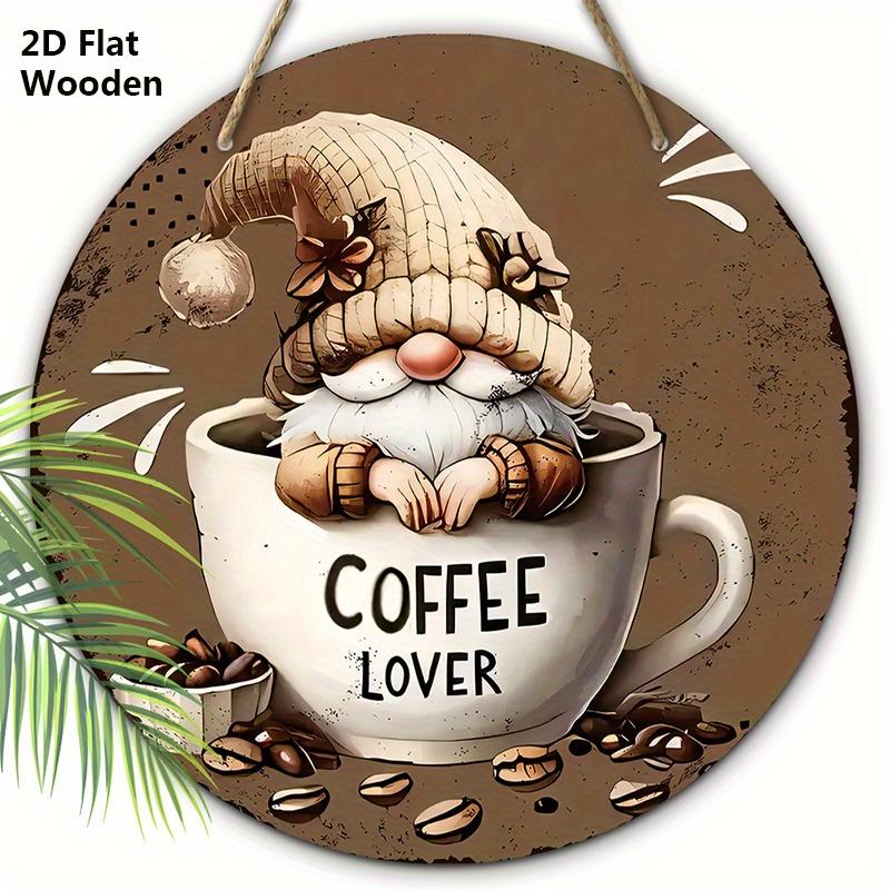 

Деревянная табличка в деревенском стиле с очаровательным узором гнома - Арт для любителя кофе для входной двери кафе, настенный декор - Идеальное подвесное украшение 20cm/7.87in кофейный