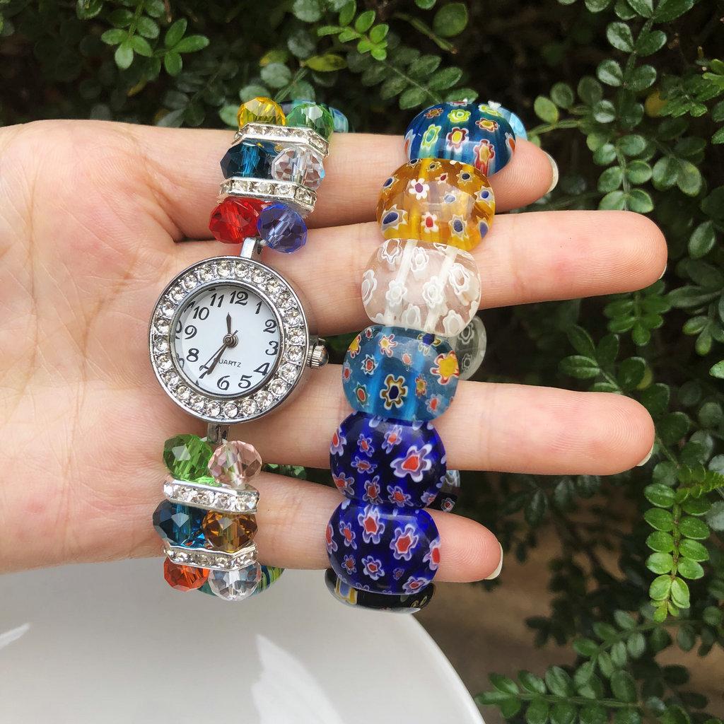 Women's Trendy Colorful Thousand Flower Bracelet Watch with Diamond Inlays