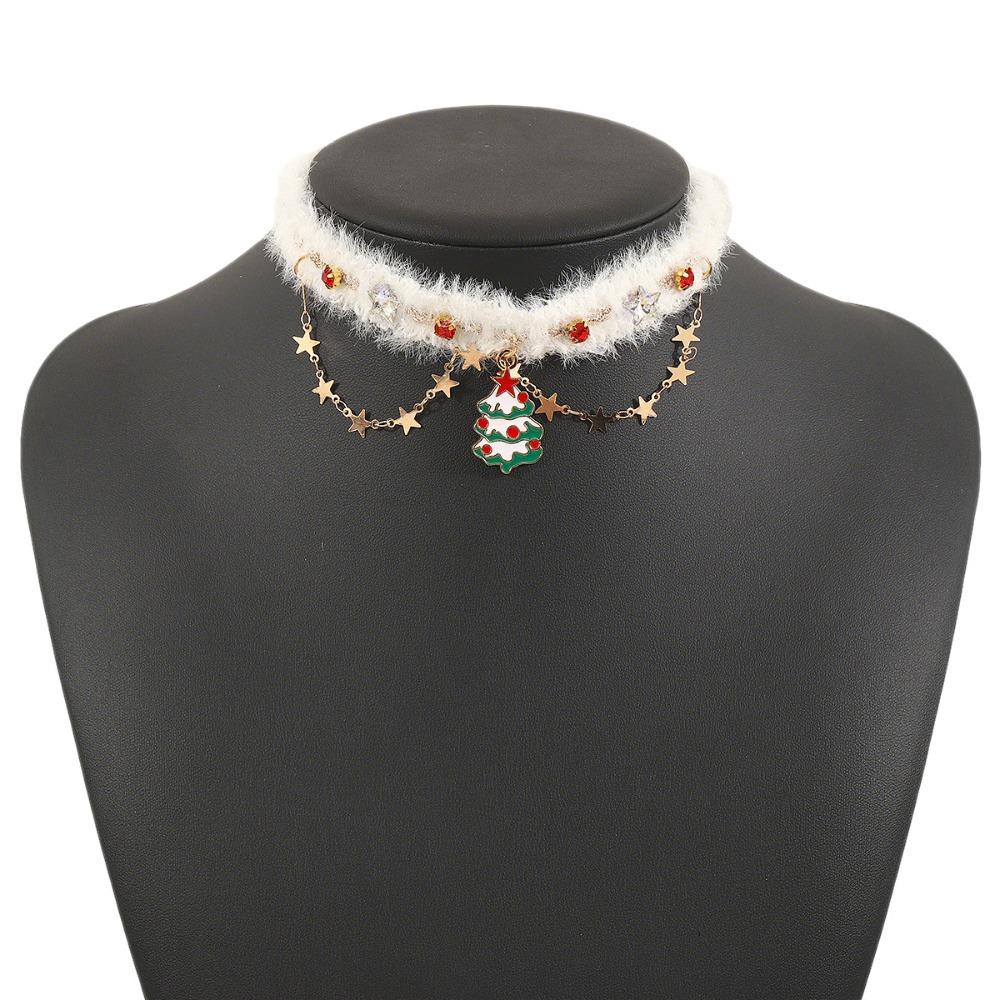 Christmas Tree Christmas Plush Choker Hairball Xmas Clavicle Chain Bow Pendant Necklace  Winter