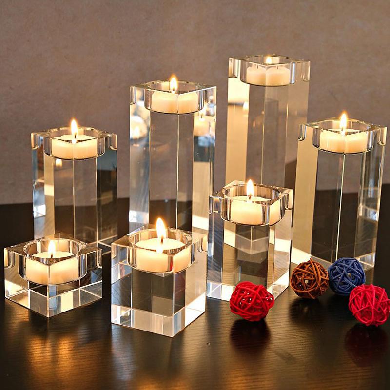 Cheap Crystal Square Pillar Tealight Candle Holder, Home Decoration