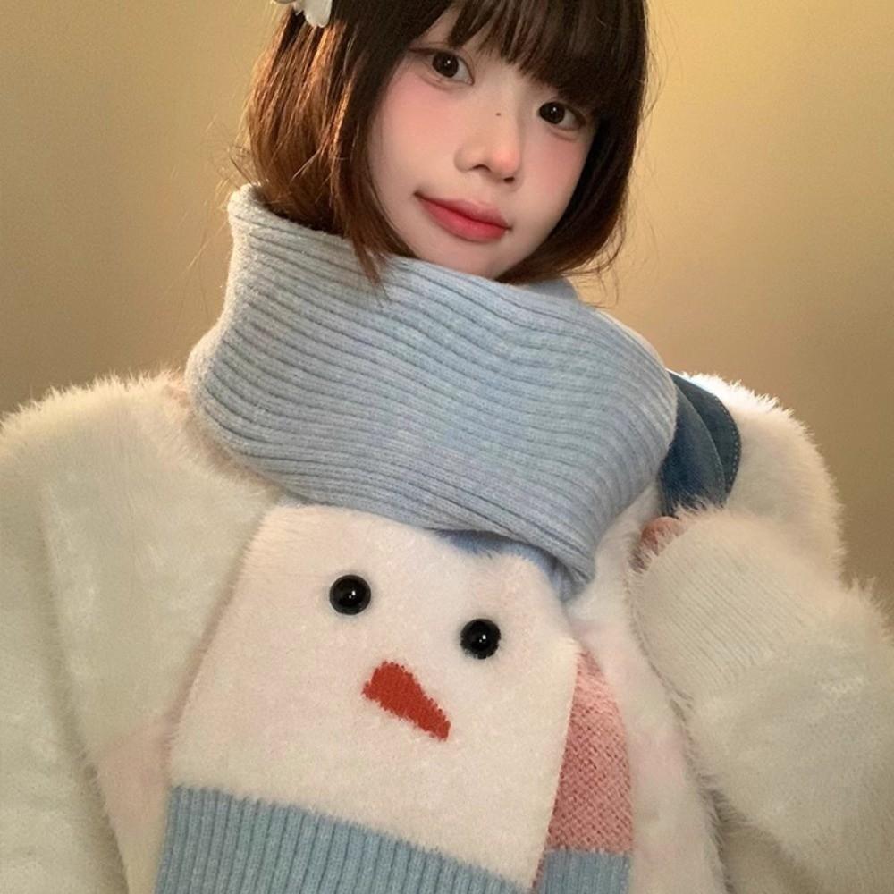 Korean Style Snowman Pattern Scarf Snowflake Knitted Shawl Cute Cashmere Blend Scarf Unisex