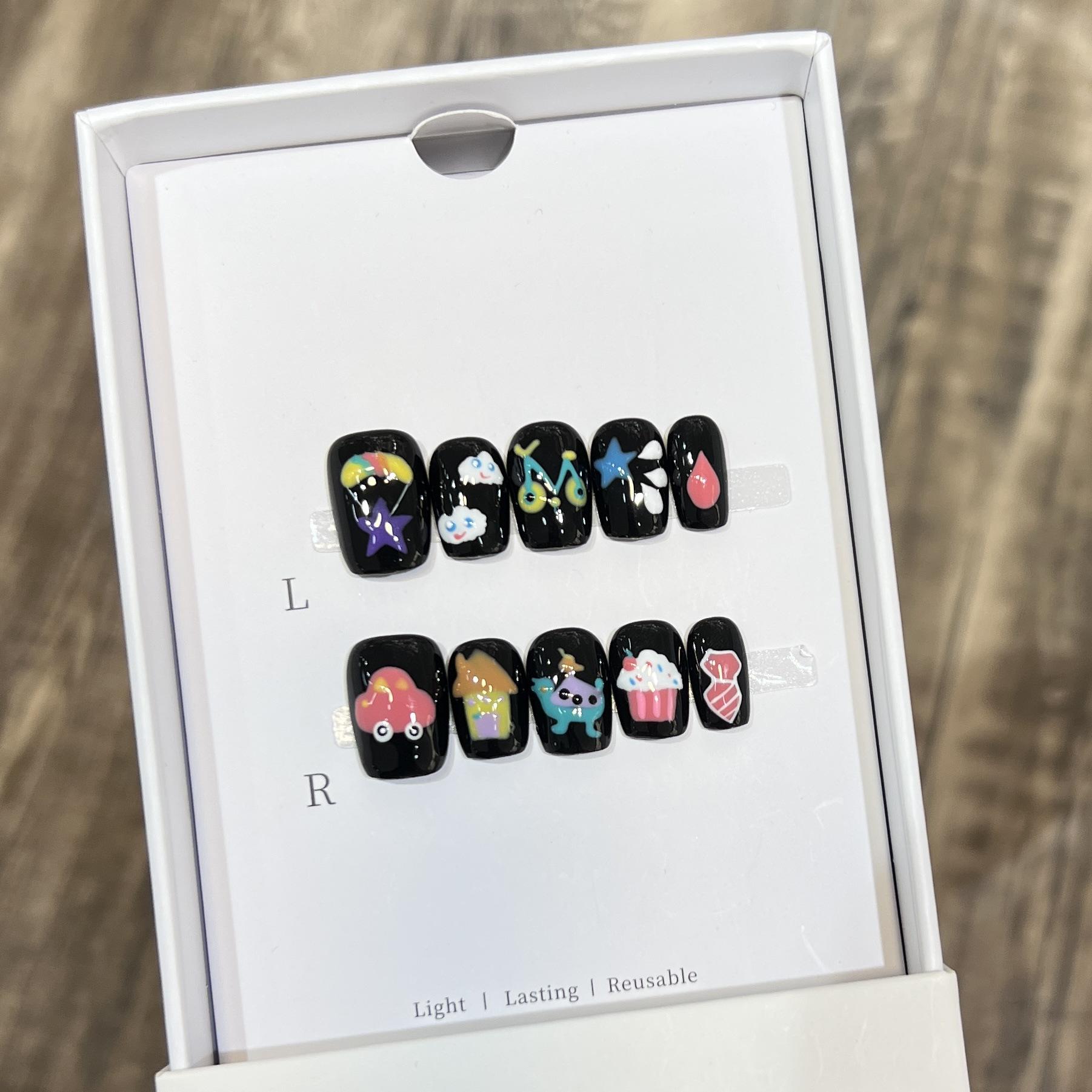 

Милый расписанный вручную мультяшный маникюр, готовые короткие накладные ногти, чистая ручная работа Large L