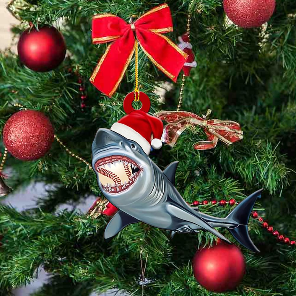 4Pcs Merry Christmas Wooden Pendant Christmas Tree Shark Pendant for Christmas Party Window Table