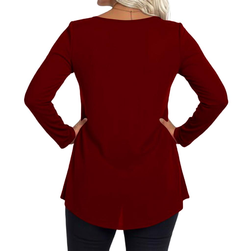 Ladies' Casual And Fashionable Round Neck Collar Lace Long Sleeved Solid Color T-shirt Plus Size Top