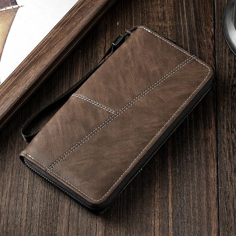 

Nubuck Leather Men s Long Wallet Money Clip Multi Slot Zipper Card Holder Purse Large Capacity Card Bag Foreign Trade With Wristband кофейный
