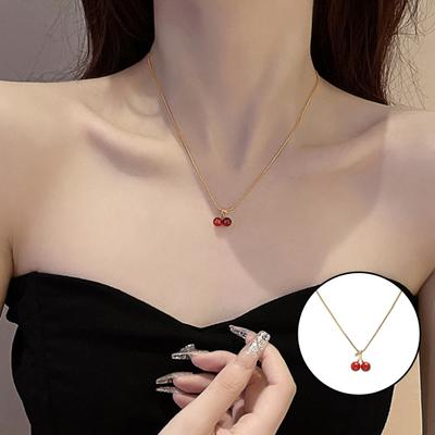 Girls Necklace Trendy Elegant Hypoallergenic Clavicle Necklace Double Cherries Charm Necklace Clavicle Necklace Jewelry Accessories