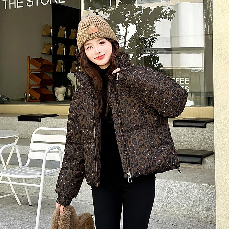 2025 leopard print women's cotton jacket stand-up collar fashion winter new loose and versatile padded jacket warm jacket trend