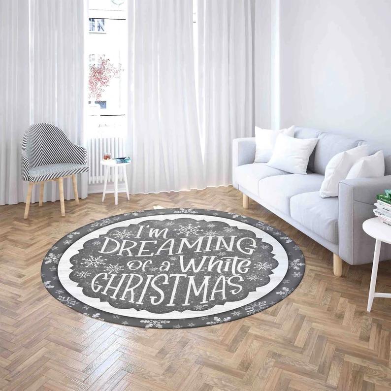 Christmas Round Carpet Mat Rug Snowman Santa Sleigh Home Decoration Holiday Living Room Floor Mat with Happy Holidays Greeting