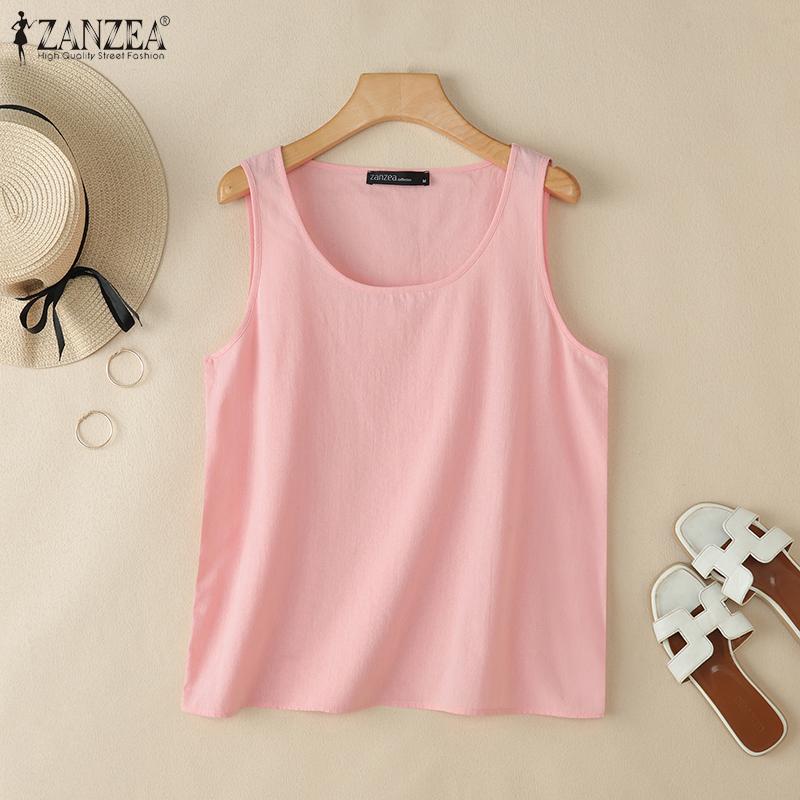 ZANZEA Women Casual Round Neck Solid Color Sleeveless Cotton Vest Tank Tops