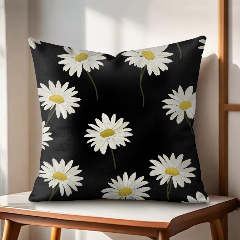 Black Daisy Cushion Cover Natural Linen Organic Fabric DoubleSided Printing Couch Pillow Covers Home Decor