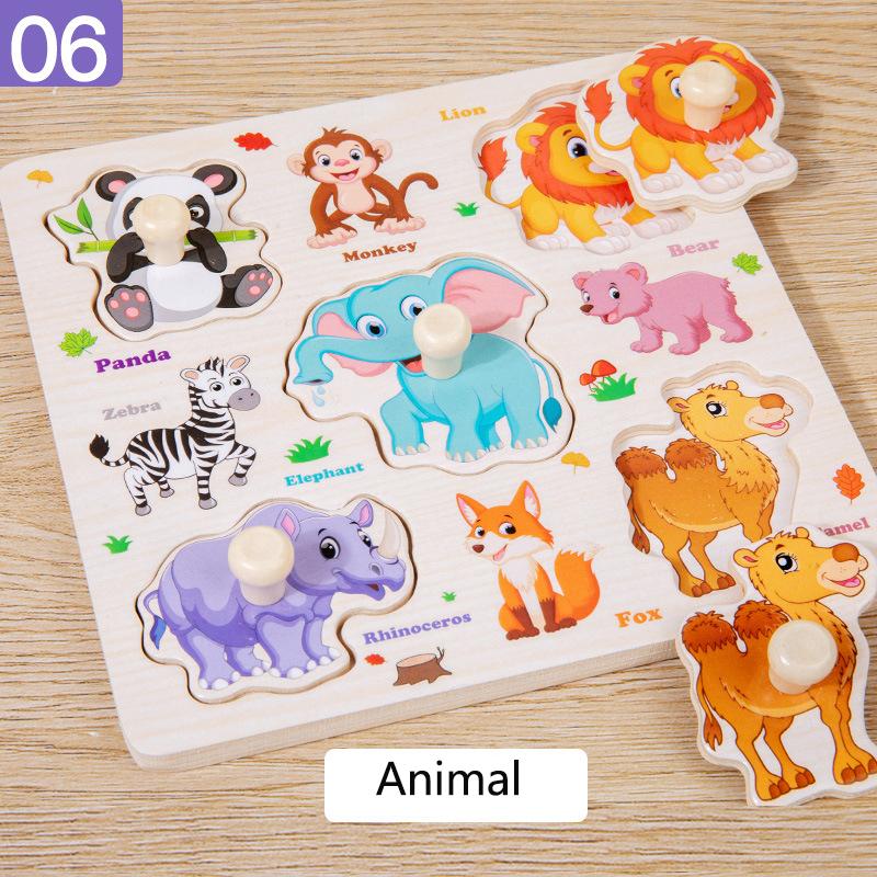 Ranch Animal Hand Grip Board Puzzle Montessori Early Education Wooden Three-dimensional Pegged Puzzle Toys for Children 1-3 Year