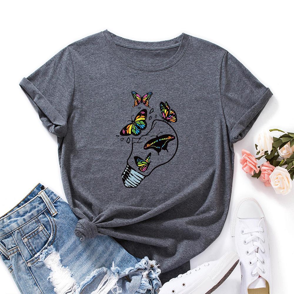 Butterfly Freedom Lamp Cotton T-Shirt Short Sleeve Round Neck Women 2d Print Tops
