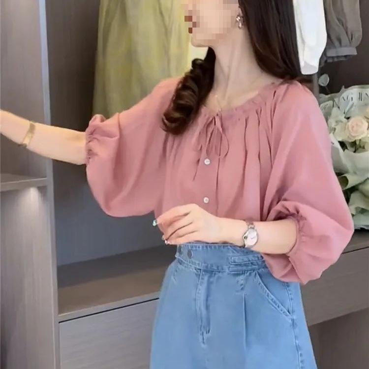 Schickes Dreiviertelarm-Puffärmel-Chiffonhemd für Damen - Stilvolles Sommer-Französisches Design
