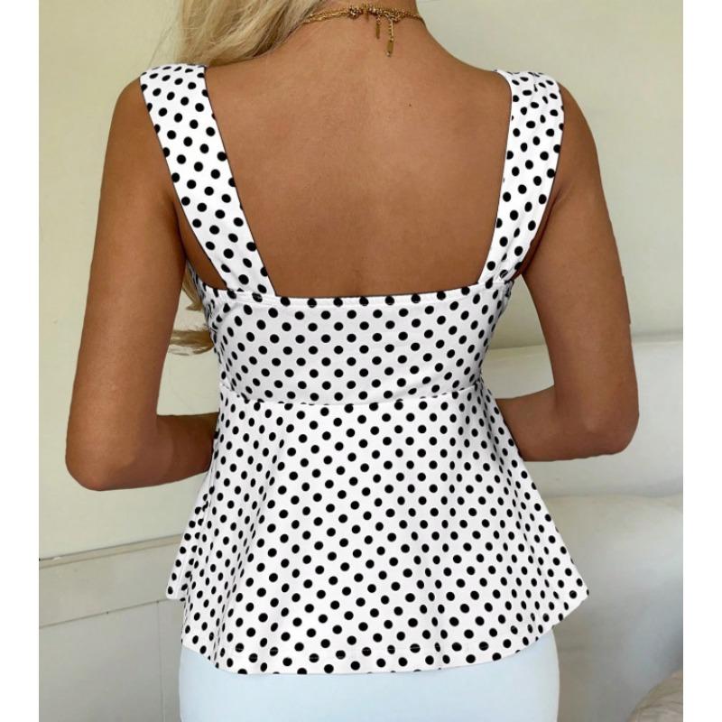 Women Summer New French Polka Dot Drawstring Waist Peplum Hem Cami Top