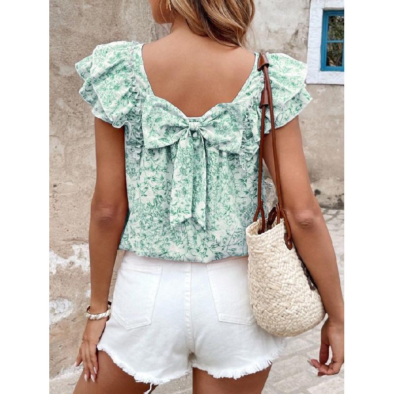 2026 Women's Printed Summer Fashion Casual Top with Back Bow and Double-Layer Pleats Short Sleeves