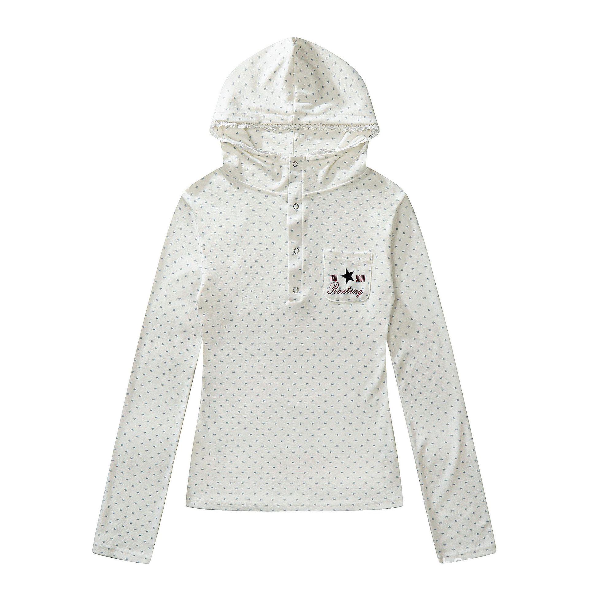 

Women s High Neck Hooded T-shirt with Star Embroidery and Lace Patchwork - Long Sleeve Slim Fit for Spring Medium белый