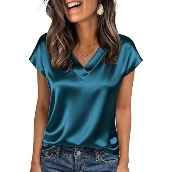 Women Tops Loose Fit Summer Blouse V-Neck Short Sleeve Smooth Satin Soft Stretchy Pullover