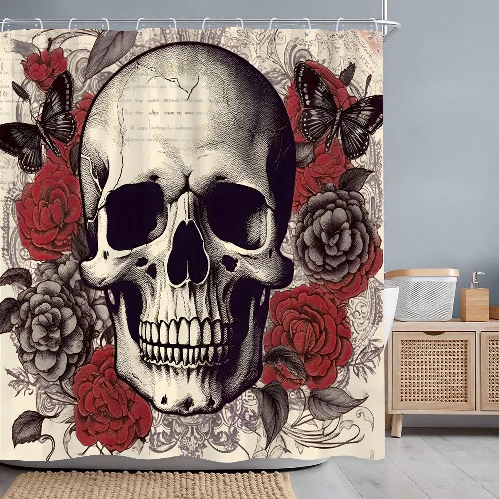 Halloween Skulls Roses Shower Curtain Horror Skulls Crows Red Flowers Polyester Fabric Shower Curtains Bathroom Decor with Hooks