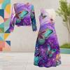 Women Plus Size Black Printed Two Piece Dress Set Round Neck Long Sleeve Cardigan Sleeveless Long Dress