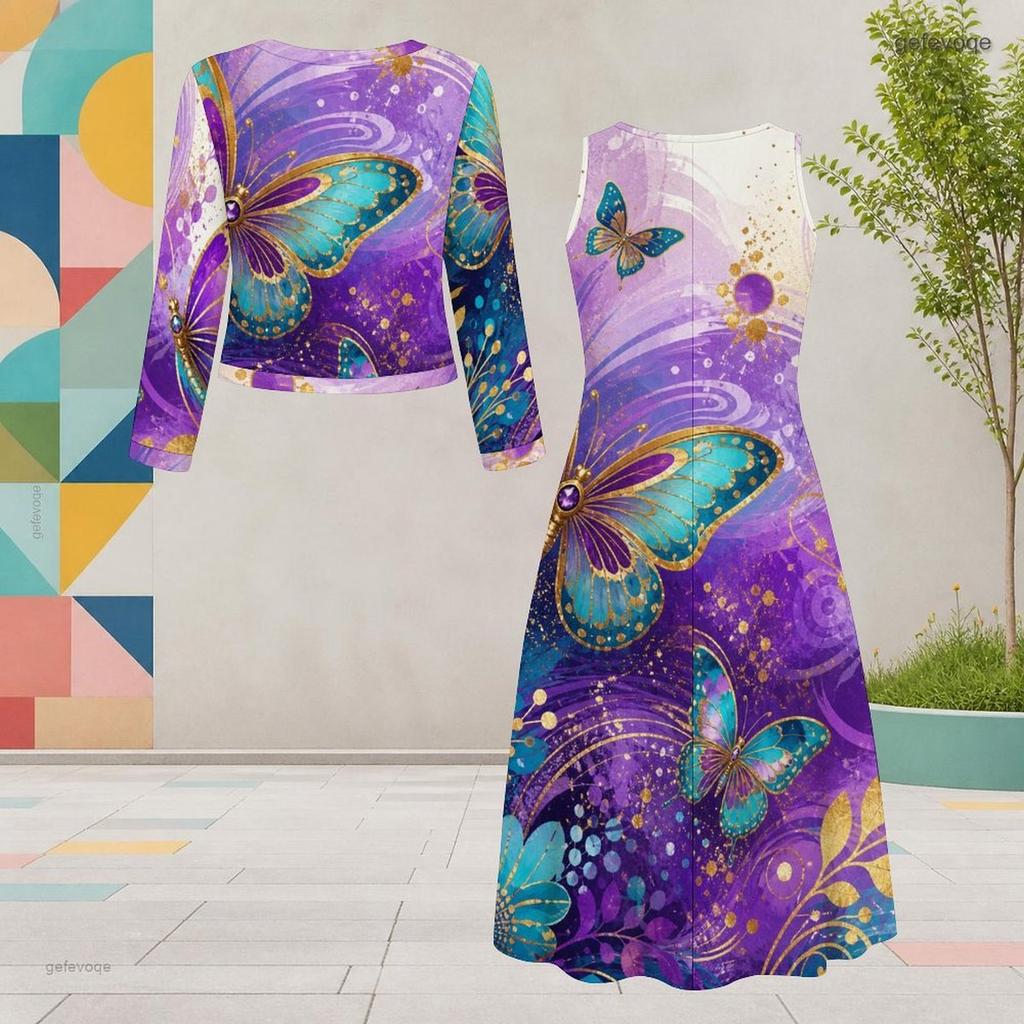 Women Plus Size Black Printed Two Piece Dress Set Round Neck Long Sleeve Cardigan Sleeveless Long Dress