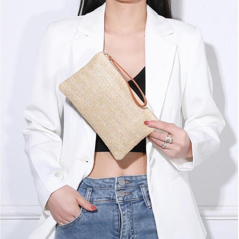 Fashion Ladies Weaving Bag Wristlet Clutch Women Daily Money Phone Clutch Solid Straw Woven Coin Purse Beach Wallet Card Leisure Travel