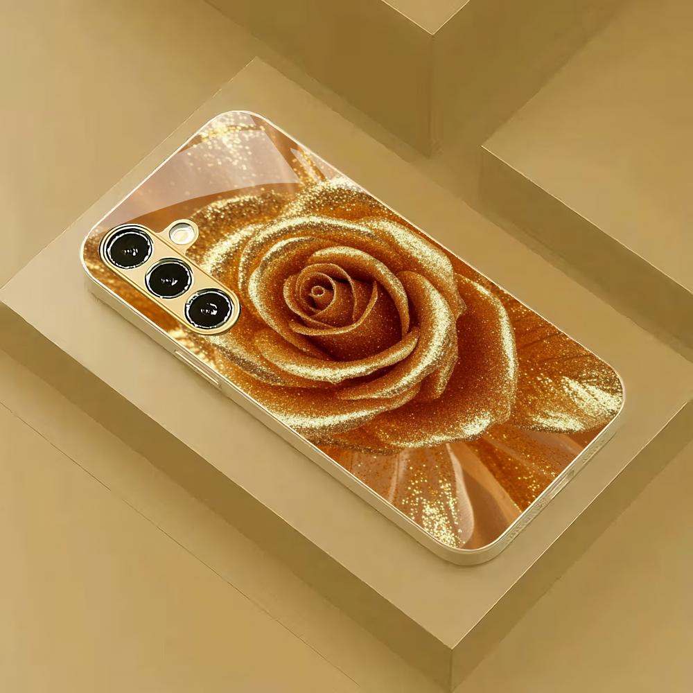 Golden Rose Plated Glass Phone Case Suitable for Samsung Galaxy S26 S25 S24 S23 S22 S20 FE/Ultra/Plus 5G Anti Drop Back Cover