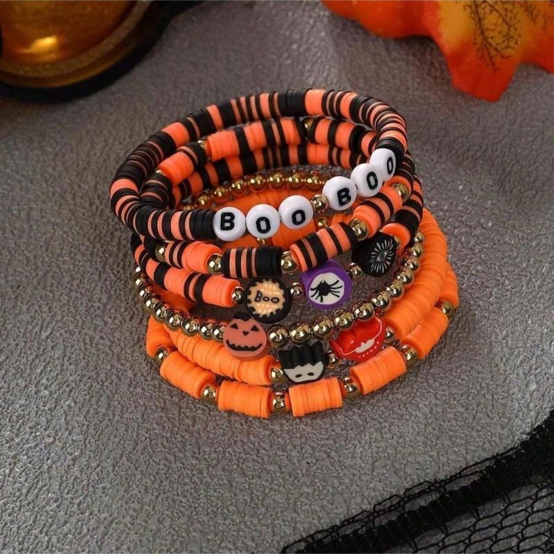 6pcs Halloween Decoration Bracelet with Pumpkin, Bat, and Ghost Pendants, Roleplaying Party Decoration giftHalloween Decorations