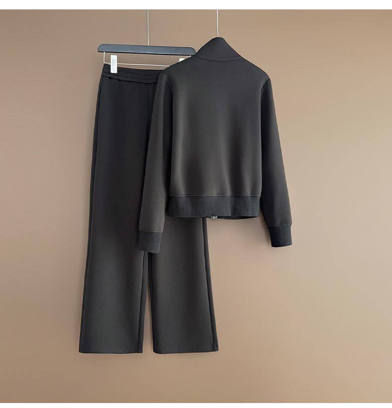 Women's Trendy Korean Style Casual Sports Suit: Plush Stand Collar Jacket & Wide-Leg Pants Two-Piece Set for Spring/Autumn 2026.