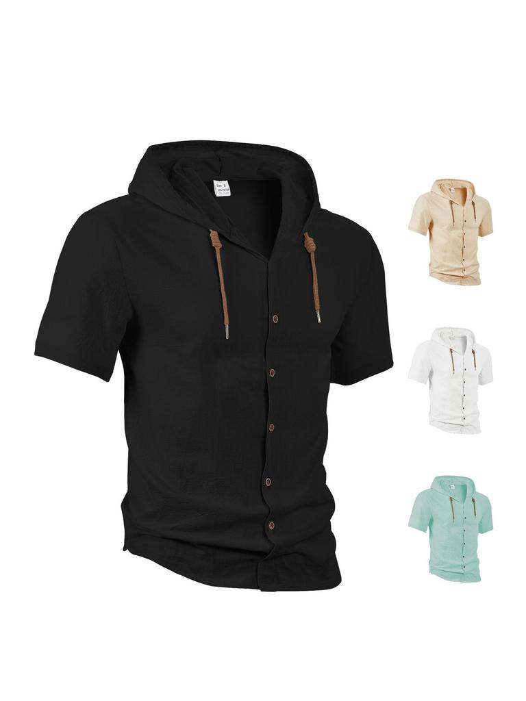 Men's Solid Color Cotton and Linen Cardigan Trendy and Versatile Loose Casual Short-sleeved Men's Shirt Hoodie