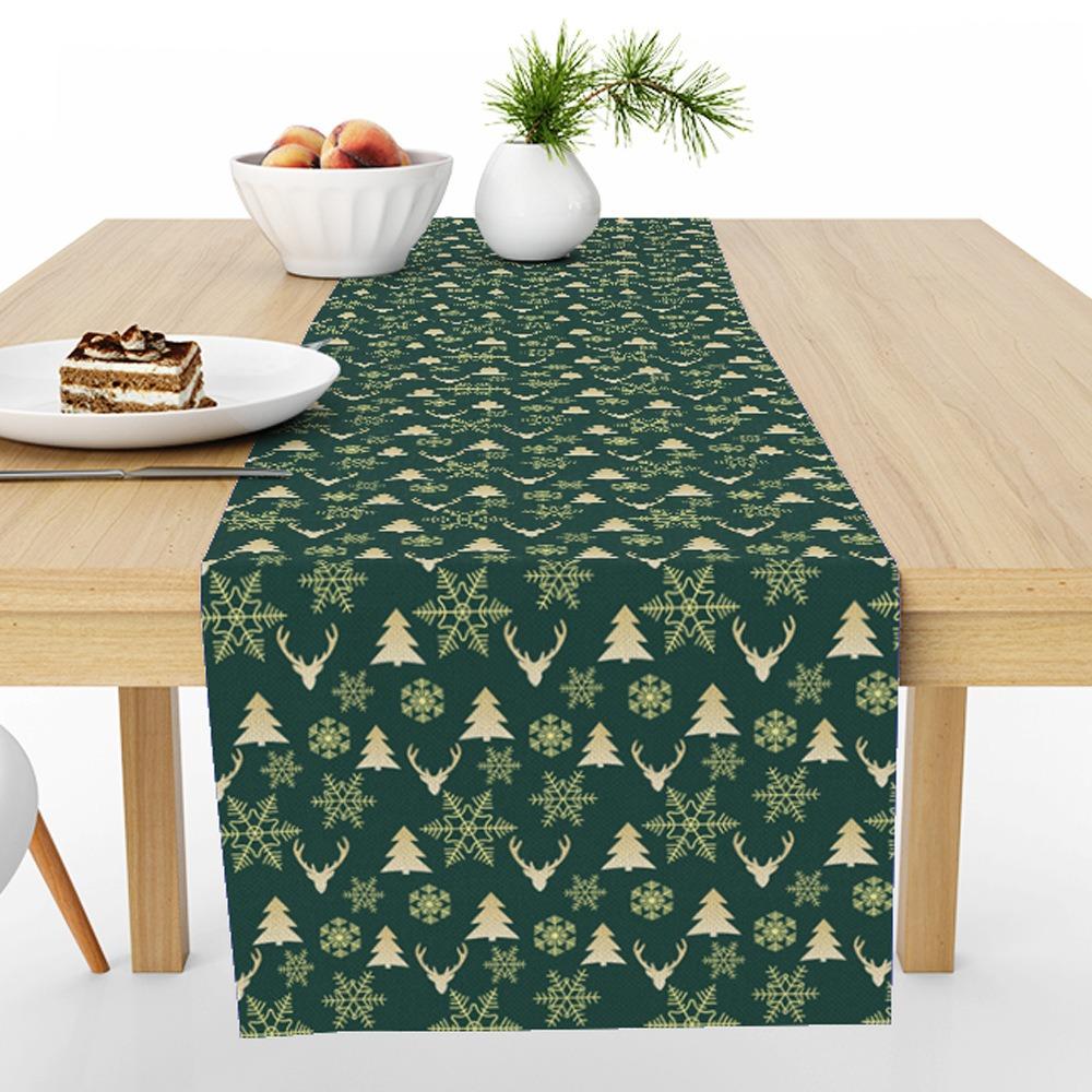 Festive Reindeer Pine Printed Table Runner Heatproof Linen Fabric Tablecloth for Home Decoration