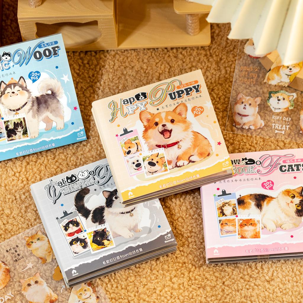 20sheets Hairy Diary Series Kawaii Ins Cartoon Cat and Dog Die Cutting Sticker Book DIY Handmade Scrapbook Aesthetic Stationery