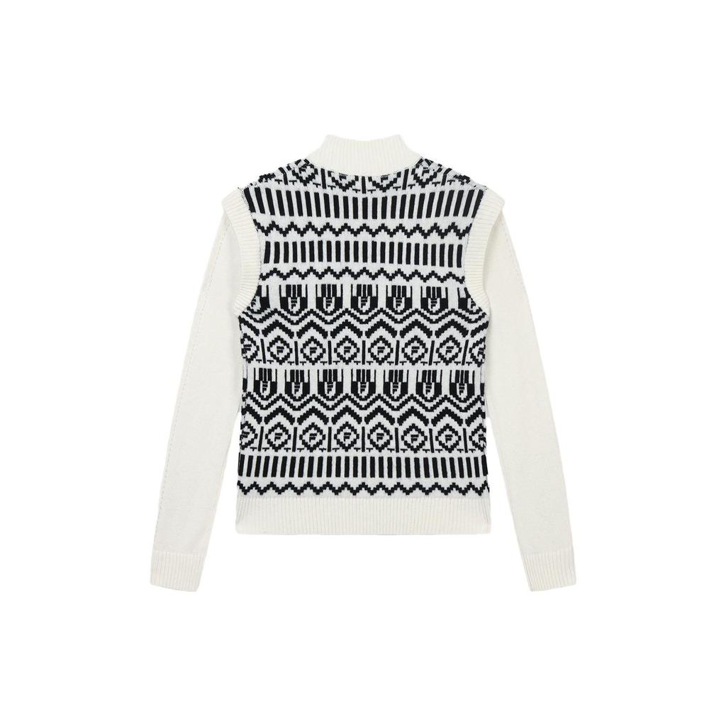 FILA Emerald Patchwork Printed Casual Long Sleeve Knit Top Women tops Ice-Cream-White F11W344404F-IV