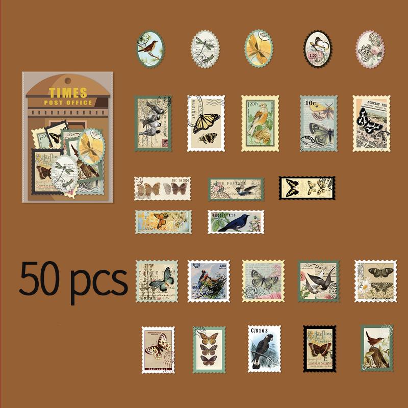 50 Pcs/pack Vintage Bronzing Stamp Style Stickers Decorative DIY Scrapbooking Diary Album Collage Material Junk Journal Supplies