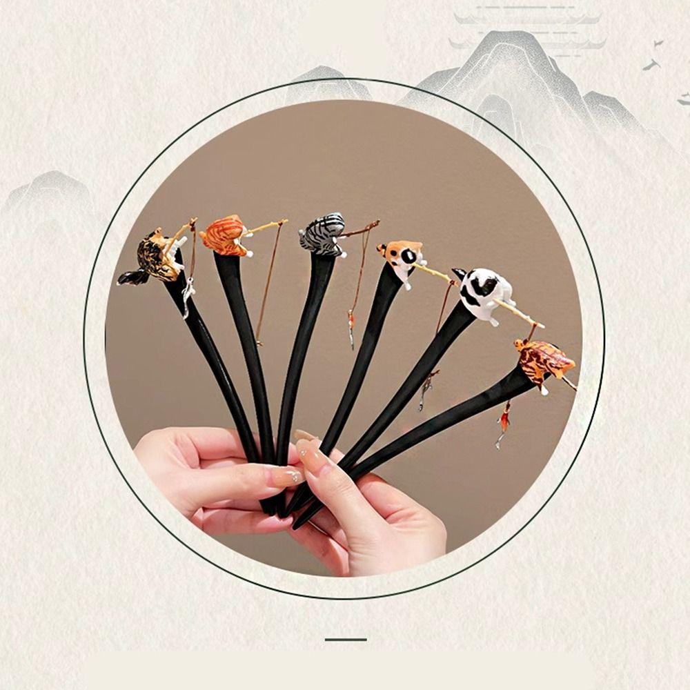 Cat Fishing Hanfu Hairpin Tassel Wooden Hair Stick Classical for Women