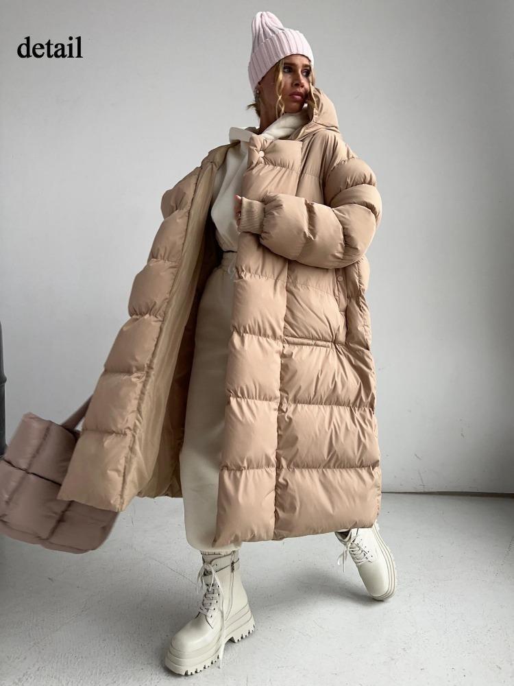 Winter Warmer Damen Oversize Langer Daunenmantel Maxijacke mit Abnehmbarer Kapuze Durchgehender Reißverschluss Gepolstert Langarm