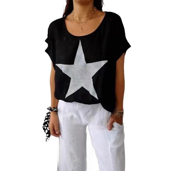 Dam Sommartoppar Kortärmad Rundhals T-shirt Hot Drill Stjärntryck Lös Passform Casual T-shirt Daglig Användning