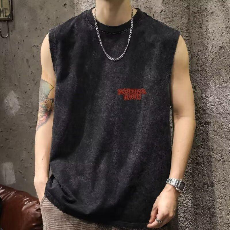 Male Students Casual Printed Undershirt Tops Hong Kong Style Trend Of Sleeveless Short-Sleeved Popular Simple Versatile Undershirt Shoulders